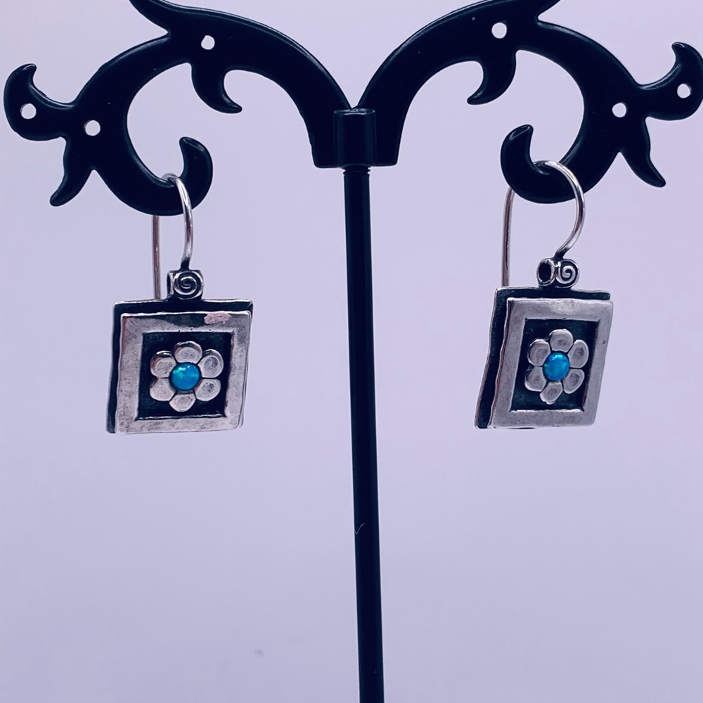 Silpada Sterling Silver & Opal Square Flower Drop Wire Locking Earrings - Didae